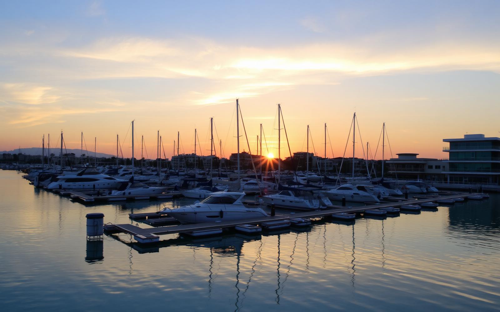 Sunset over Limassol Marina, Cyprus, with yachts on the Mediterranean