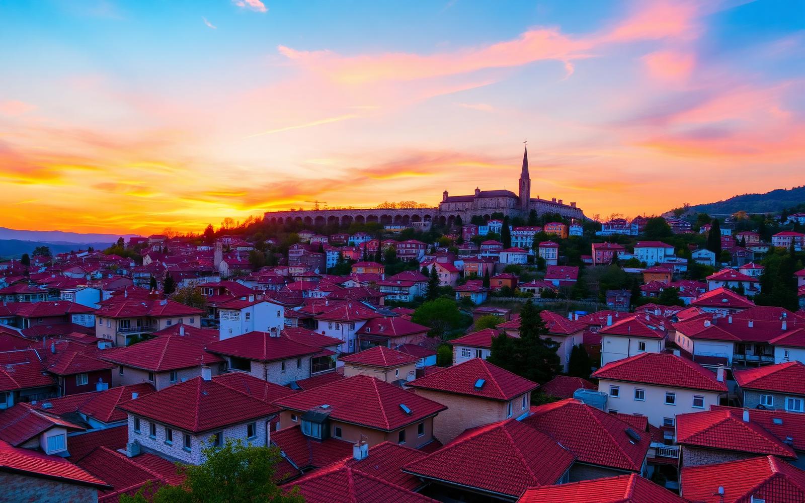 Sunset over the red rooftops of Plovdiv old town, Bulgaria