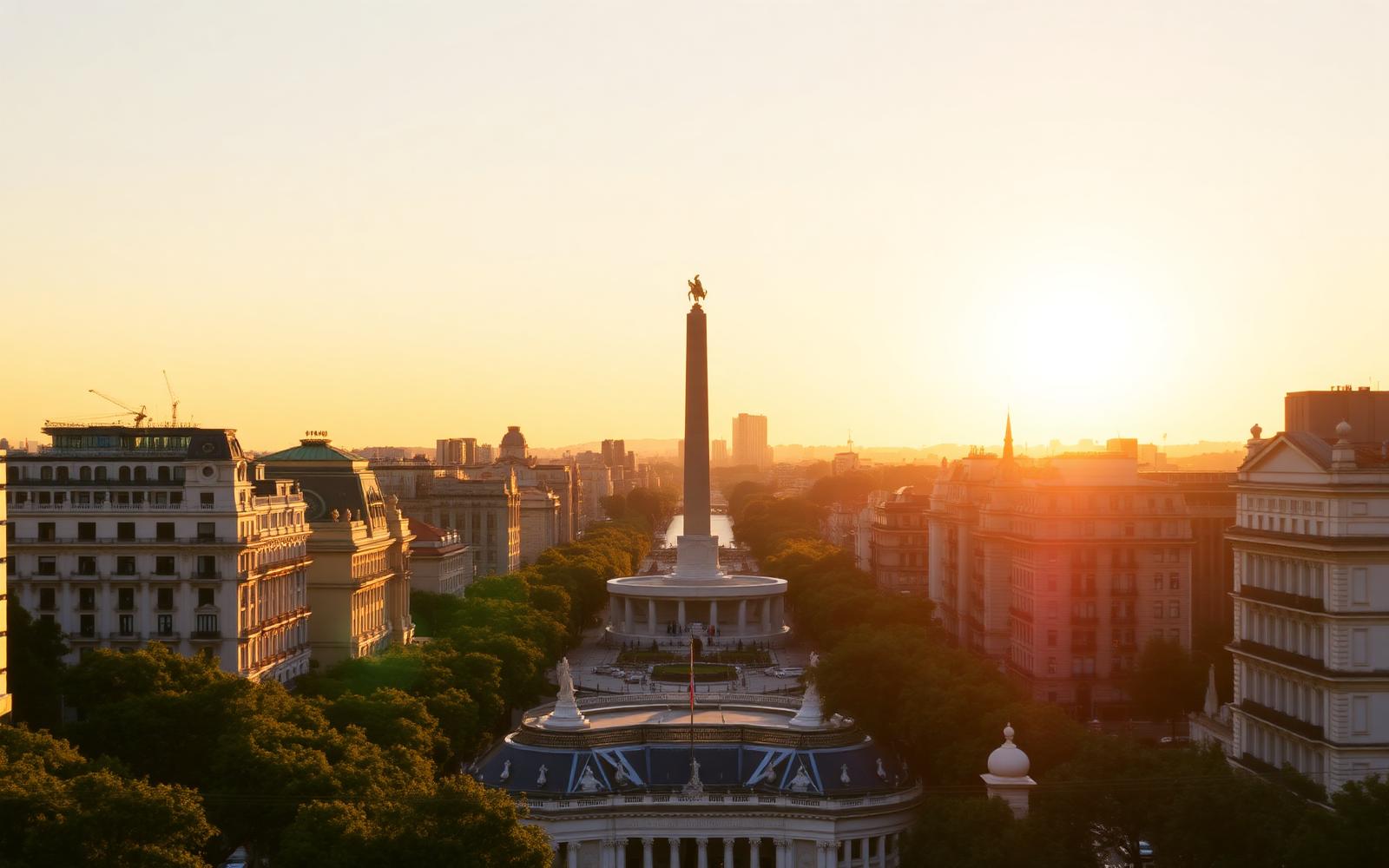 Golden-hour view of Buenos Aires's historic boulevards and the Obelisco