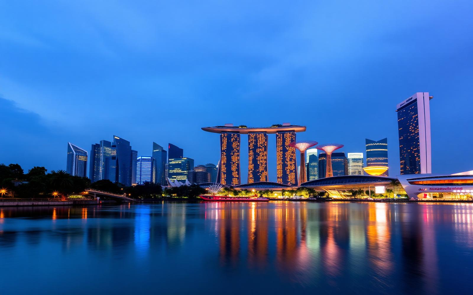 Twilight view of the Singapore skyline, Marina Bay Sands and Supertrees