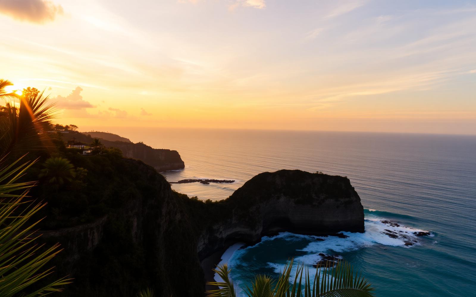 Sunset over the Uluwatu cliffs and turquoise Indian Ocean in Bali