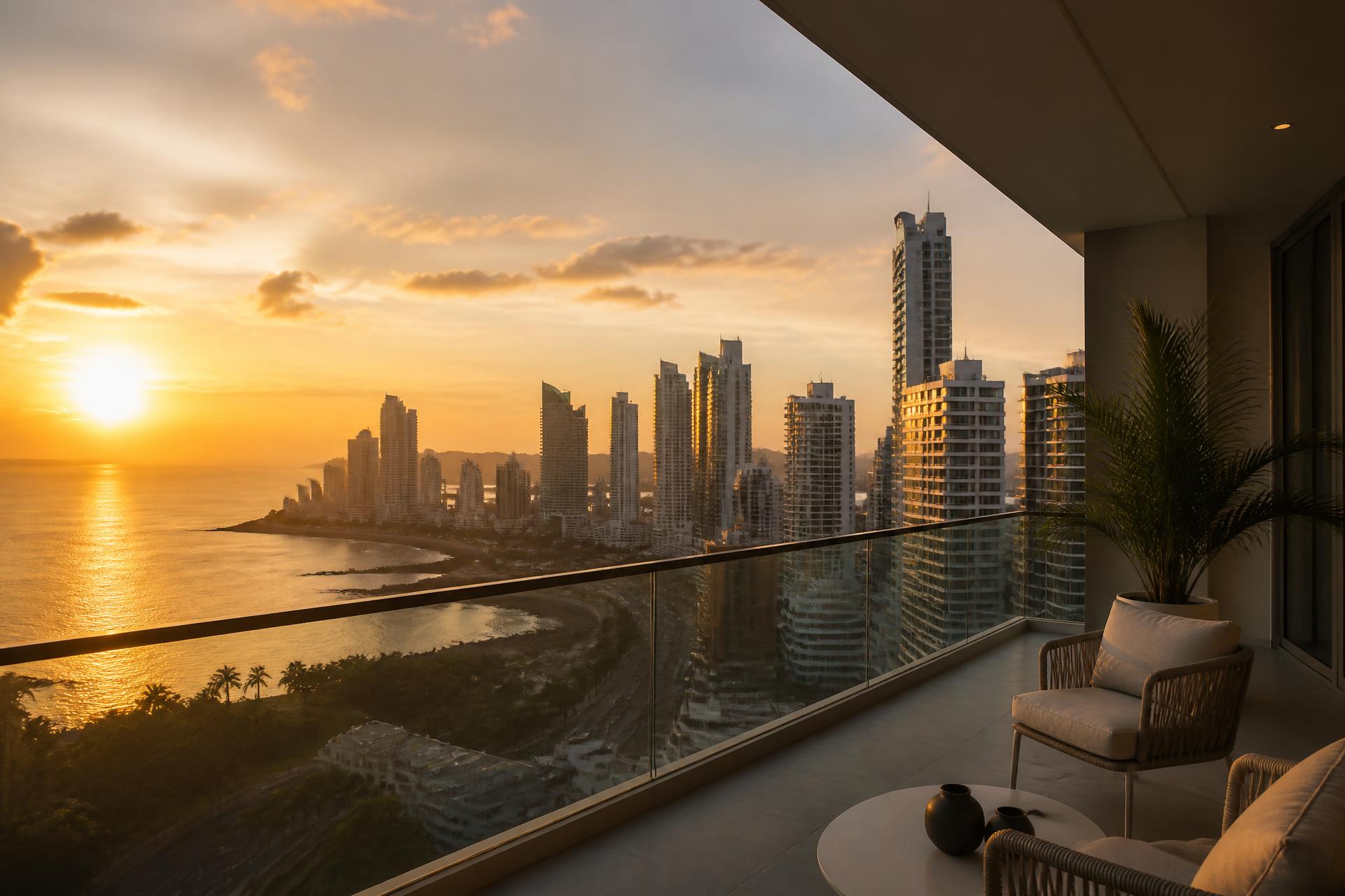 A private terrace overlooking the Panama City skyline at golden hour
